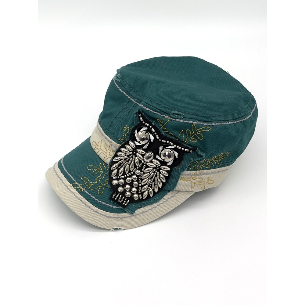 Y2K SS Cadet Cap Womens OS Teal Cotton Distressed Beaded Owl Indie McBling Retro